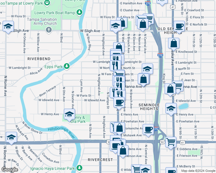 map of restaurants, bars, coffee shops, grocery stores, and more near 6808 North Tampa Street in Tampa