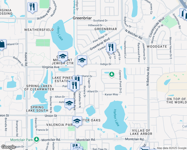 map of restaurants, bars, coffee shops, grocery stores, and more near 2070 Pinehurst Drive in Clearwater
