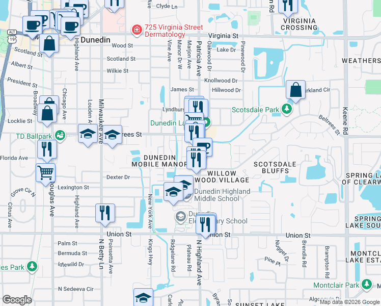 map of restaurants, bars, coffee shops, grocery stores, and more near 217 Skyloch Drive East in Dunedin