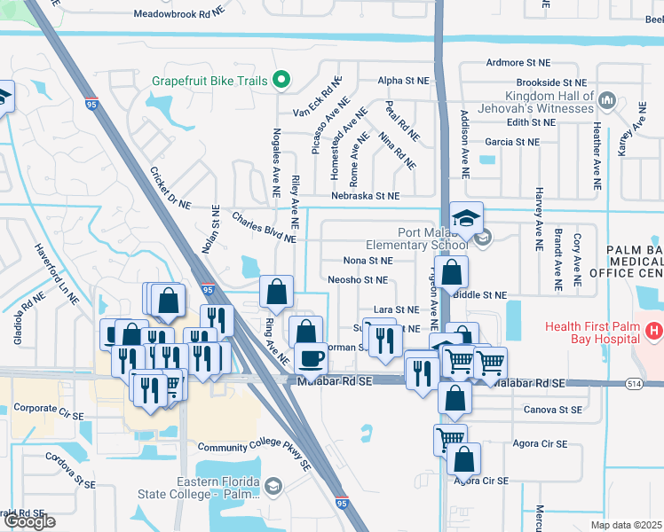 map of restaurants, bars, coffee shops, grocery stores, and more near 1514 Nona Street Northeast in Palm Bay