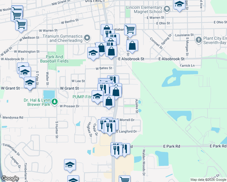 map of restaurants, bars, coffee shops, grocery stores, and more near 1309 South Collins Street in Plant City