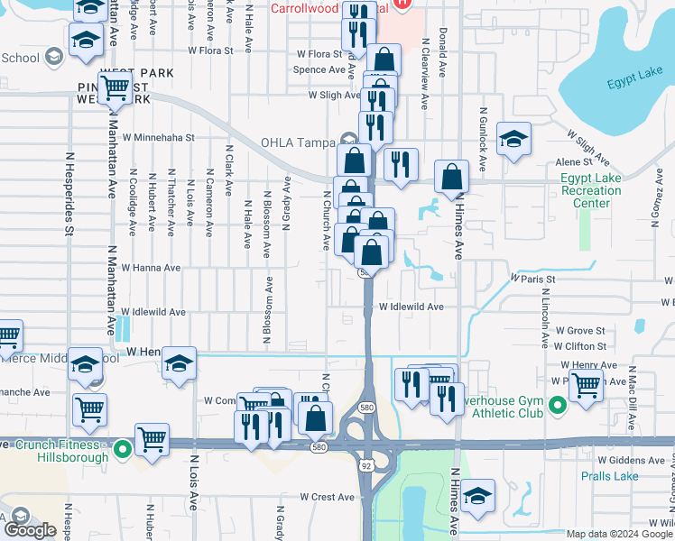 map of restaurants, bars, coffee shops, grocery stores, and more near 6200 North Dale Mabry Highway in Tampa