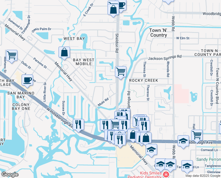 map of restaurants, bars, coffee shops, grocery stores, and more near 5923 Oak River Drive in Town 'n' Country