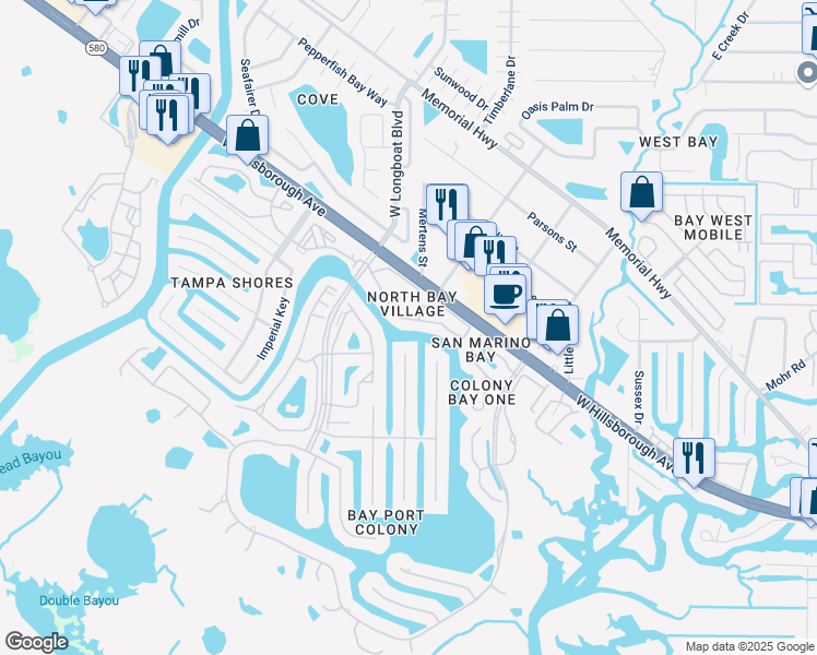 map of restaurants, bars, coffee shops, grocery stores, and more near 6315 Newtown Circle in Tampa