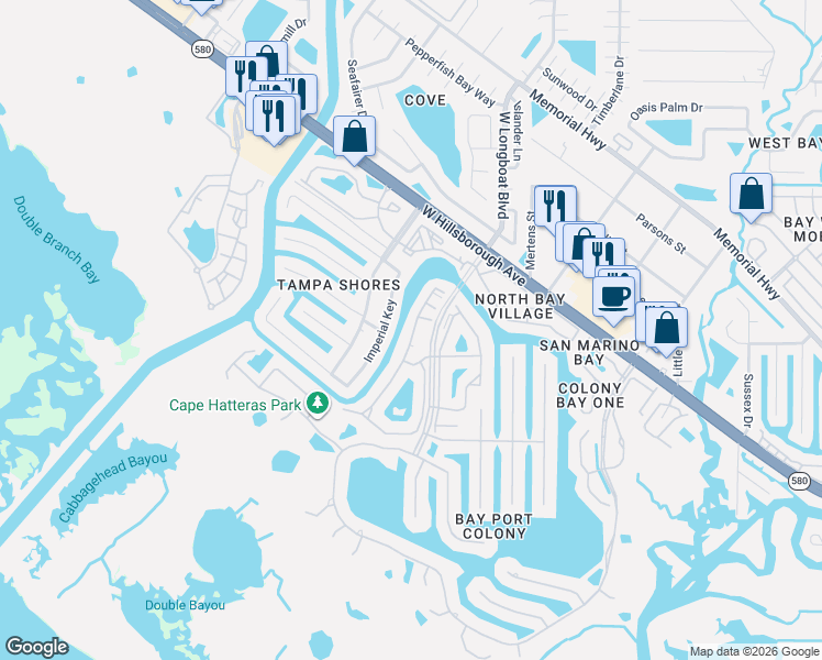 map of restaurants, bars, coffee shops, grocery stores, and more near 6201 Imperial Key in Tampa