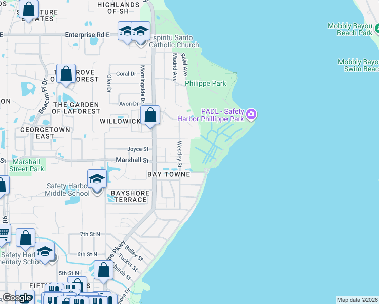 map of restaurants, bars, coffee shops, grocery stores, and more near 369 Estero Court in Safety Harbor