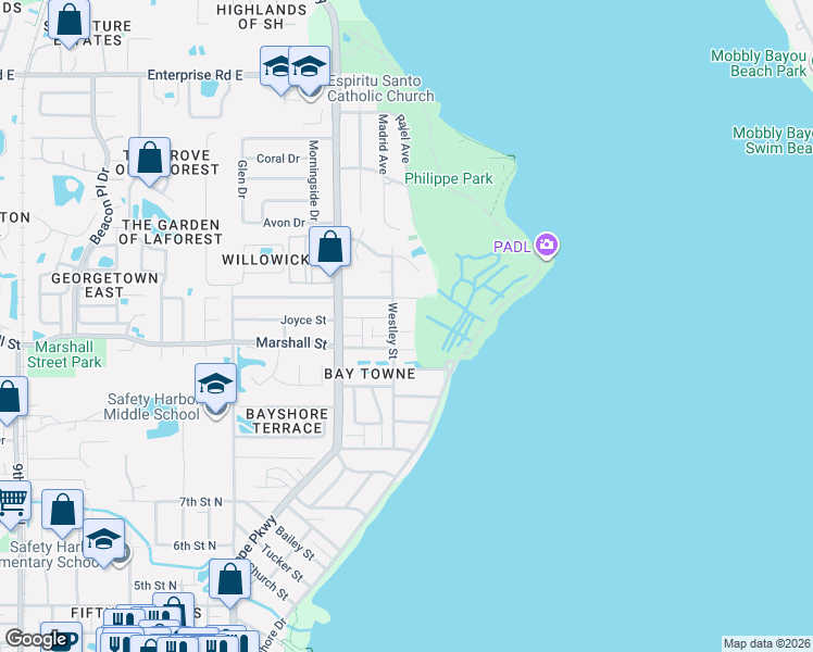 map of restaurants, bars, coffee shops, grocery stores, and more near 369 Estero Court in Safety Harbor