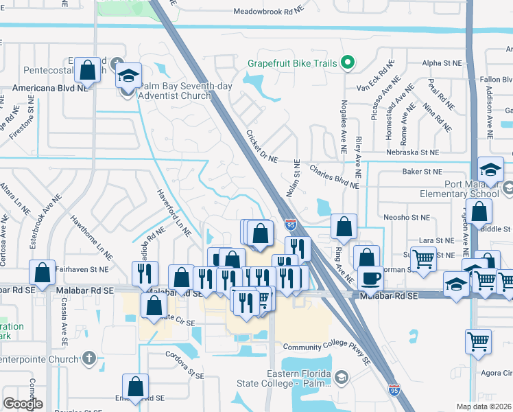 map of restaurants, bars, coffee shops, grocery stores, and more near 275 Fantasy Court Northeast in Palm Bay