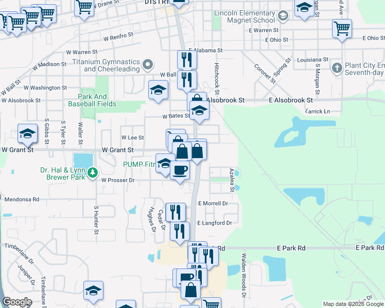 map of restaurants, bars, coffee shops, grocery stores, and more near 1309 South Collins Street in Plant City