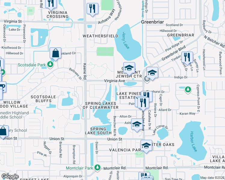map of restaurants, bars, coffee shops, grocery stores, and more near 2246 Spring Lake Court in Clearwater