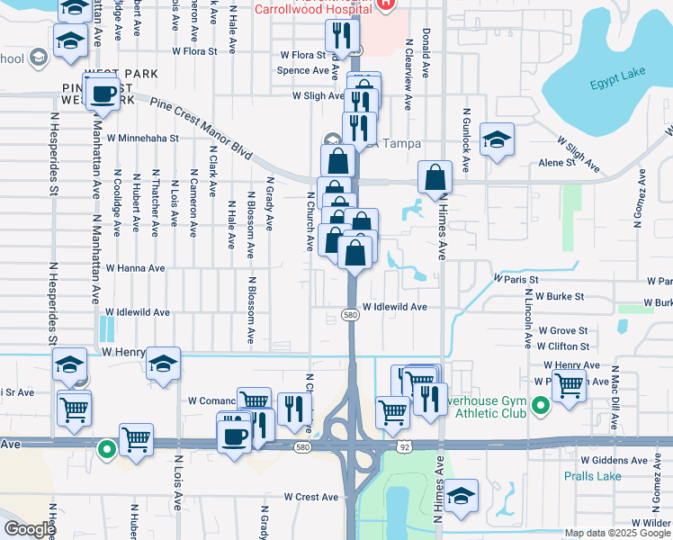 map of restaurants, bars, coffee shops, grocery stores, and more near 6200 North Dale Mabry Highway in Tampa