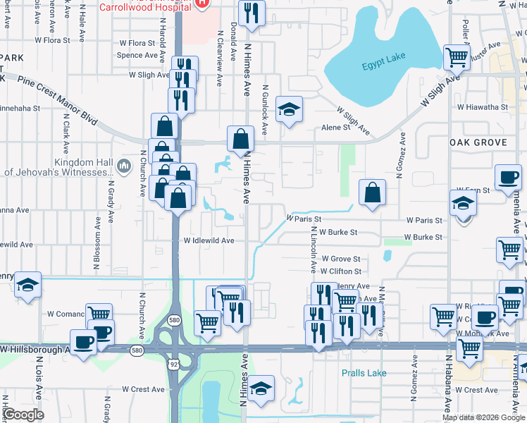 map of restaurants, bars, coffee shops, grocery stores, and more near 6015 North Gunlock Avenue in Tampa