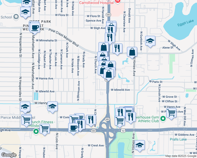 map of restaurants, bars, coffee shops, grocery stores, and more near 6065 Legends Villa Drive in Tampa