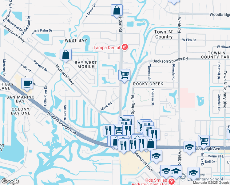 map of restaurants, bars, coffee shops, grocery stores, and more near 5923 Oak River Drive in Town 'n' Country