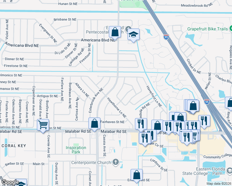 map of restaurants, bars, coffee shops, grocery stores, and more near 210 Silver Oak Road Northeast in Palm Bay