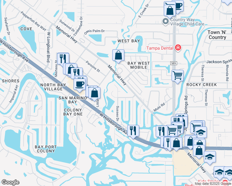 map of restaurants, bars, coffee shops, grocery stores, and more near 5908 Sussex Drive in Tampa
