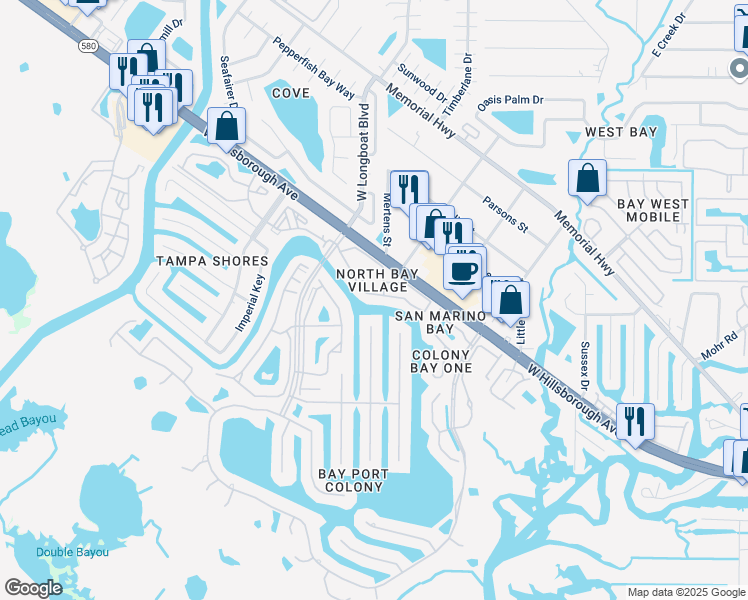 map of restaurants, bars, coffee shops, grocery stores, and more near 6315 Newtown Circle in Tampa