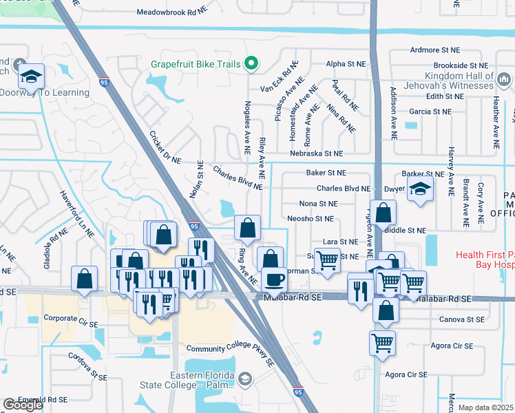map of restaurants, bars, coffee shops, grocery stores, and more near 240 Riley Avenue Northeast in Palm Bay