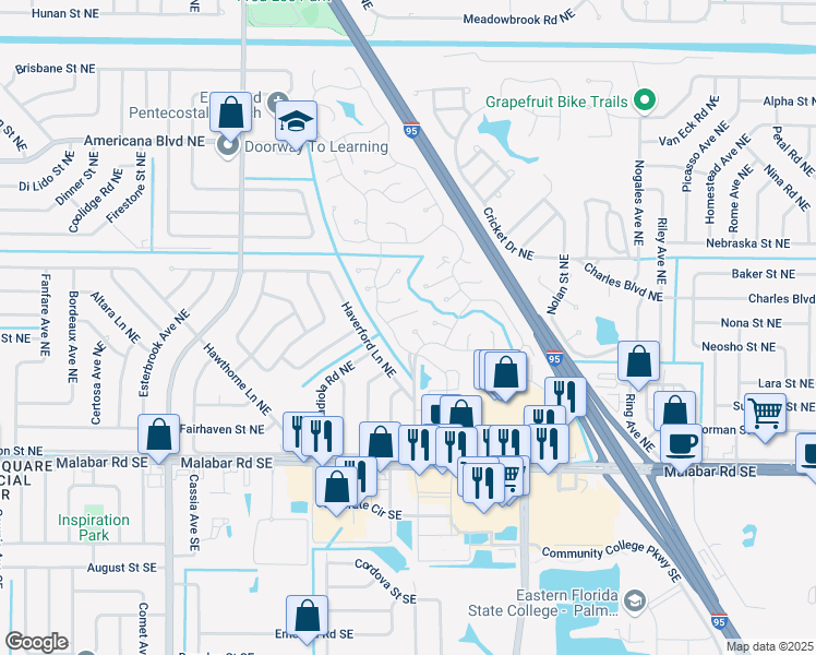 map of restaurants, bars, coffee shops, grocery stores, and more near 1120 Floral Court Northeast in Palm Bay