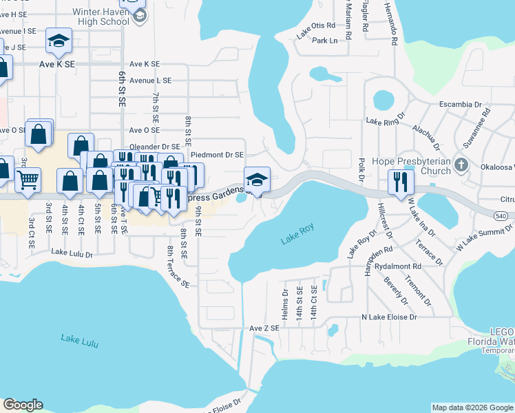 map of restaurants, bars, coffee shops, grocery stores, and more near 1104 Cypress Gardens Boulevard in Winter Haven