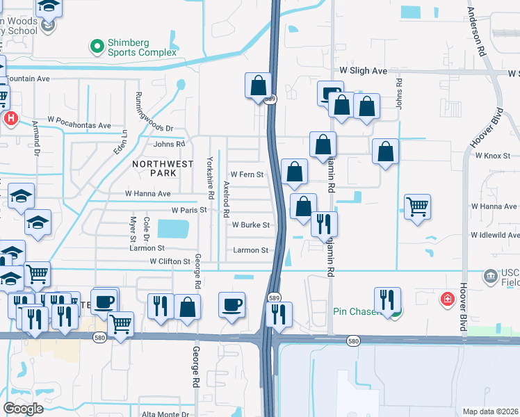 map of restaurants, bars, coffee shops, grocery stores, and more near 6007 West Paris Street in Tampa