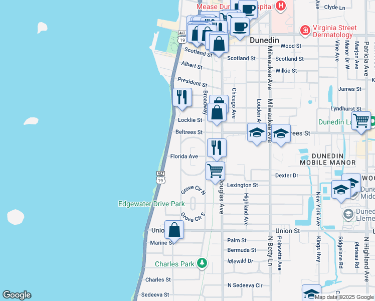 map of restaurants, bars, coffee shops, grocery stores, and more near 222 Park Circle North in Dunedin