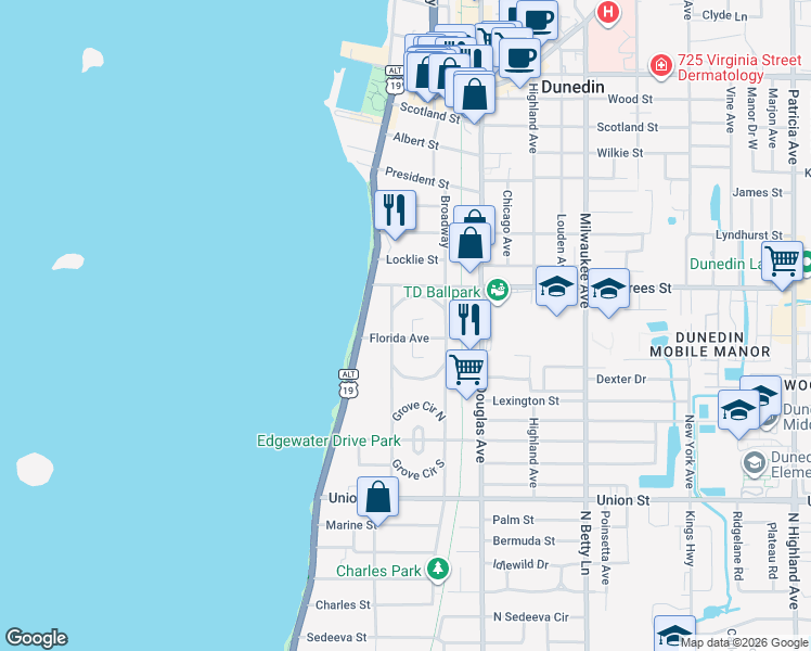 map of restaurants, bars, coffee shops, grocery stores, and more near 222 Park Circle South in Dunedin