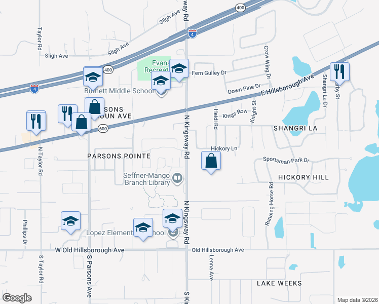 map of restaurants, bars, coffee shops, grocery stores, and more near 614 Clairvaux Rue in Seffner