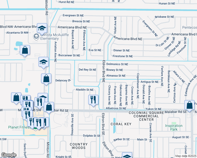 map of restaurants, bars, coffee shops, grocery stores, and more near 219 Bryn Mawr Ave NE in Palm Bay
