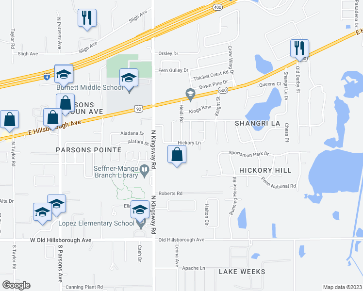 map of restaurants, bars, coffee shops, grocery stores, and more near 201 Hickory Lane in Seffner
