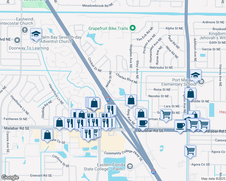 map of restaurants, bars, coffee shops, grocery stores, and more near 1355 Tufts Ct NE in Palm Bay