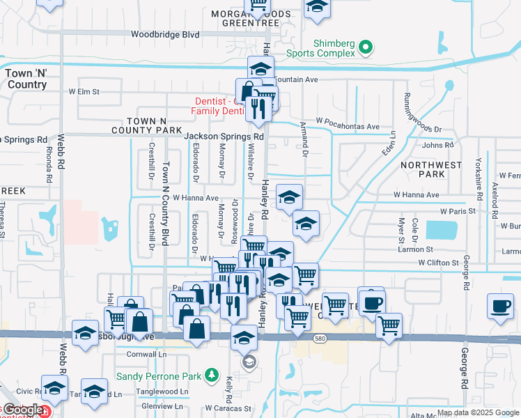 map of restaurants, bars, coffee shops, grocery stores, and more near 6032 Wilshire Drive in Tampa