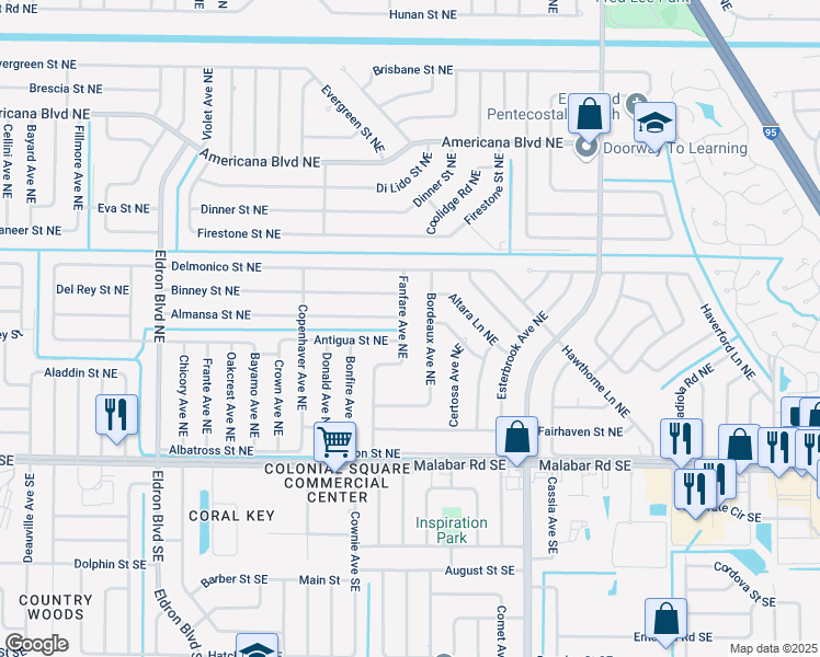 map of restaurants, bars, coffee shops, grocery stores, and more near 241 Fanfare Avenue Northeast in Palm Bay