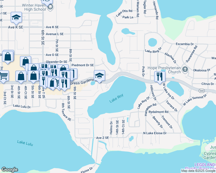 map of restaurants, bars, coffee shops, grocery stores, and more near 1104 Cypress Gardens Boulevard in Winter Haven