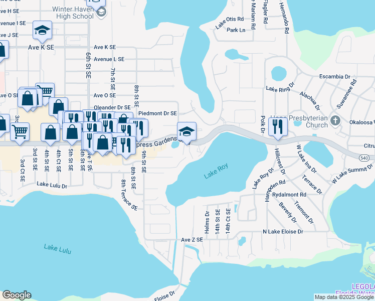 map of restaurants, bars, coffee shops, grocery stores, and more near 1104 Cypress Gardens Boulevard in Winter Haven