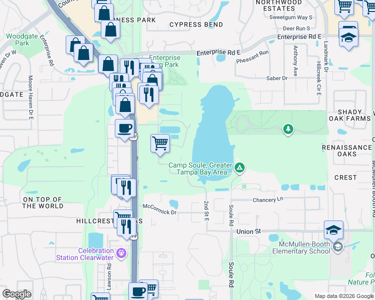 map of restaurants, bars, coffee shops, grocery stores, and more near 2691 Lakebreeze Lane in Clearwater