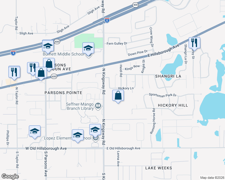 map of restaurants, bars, coffee shops, grocery stores, and more near 105 Hickory Lane in Seffner