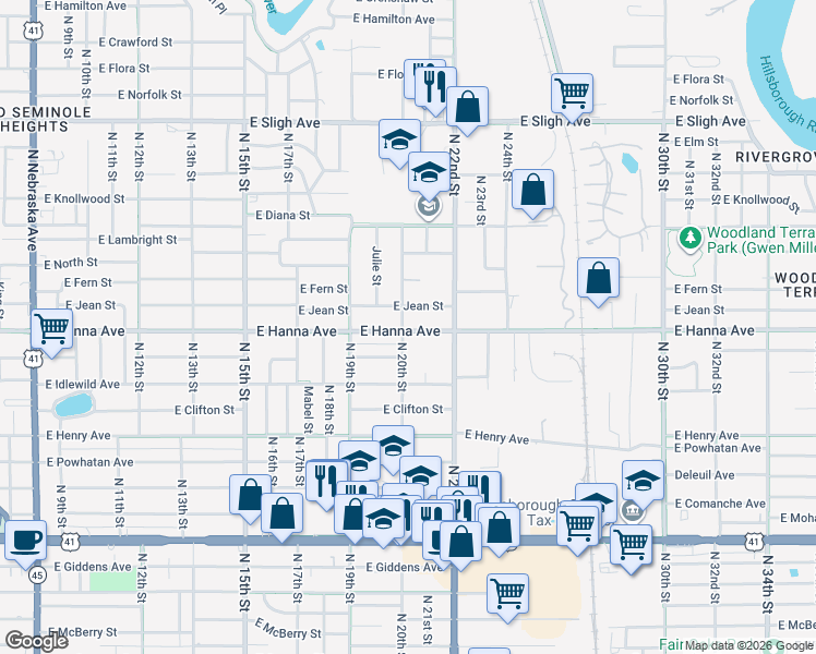 map of restaurants, bars, coffee shops, grocery stores, and more near 2002 East Hanna Avenue in Tampa
