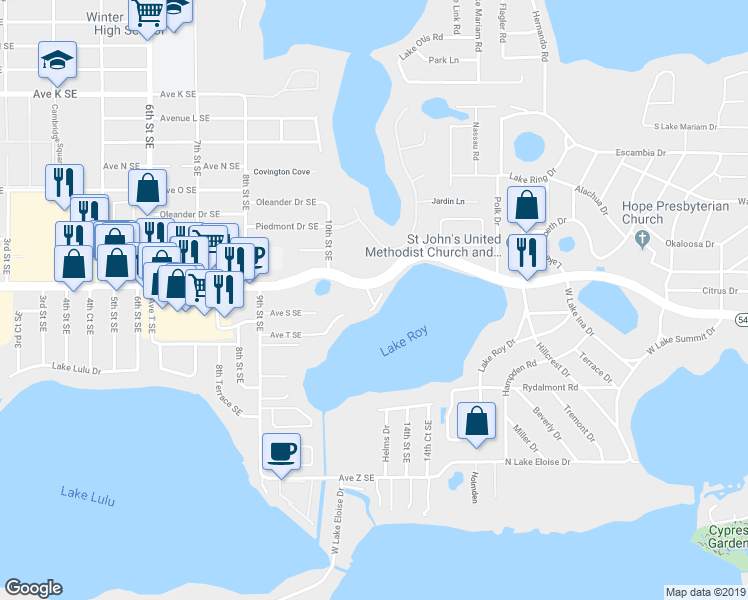 map of restaurants, bars, coffee shops, grocery stores, and more near 1105 Cypress Gardens Boulevard in Winter Haven