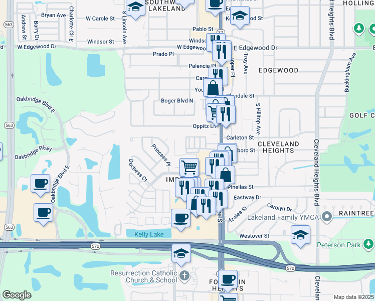 map of restaurants, bars, coffee shops, grocery stores, and more near 17 Harris Street in Lakeland