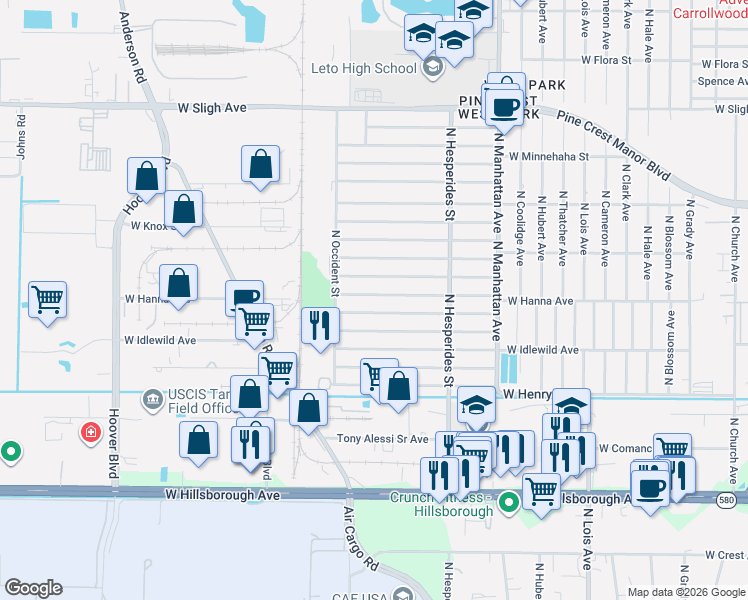 map of restaurants, bars, coffee shops, grocery stores, and more near 4530 West Hanna Avenue in Tampa