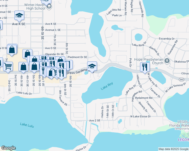 map of restaurants, bars, coffee shops, grocery stores, and more near 1103 Cypress Gardens Boulevard in Winter Haven