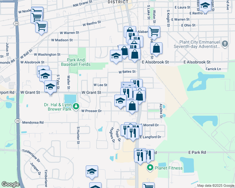map of restaurants, bars, coffee shops, grocery stores, and more near 305 West Grant Street in Plant City