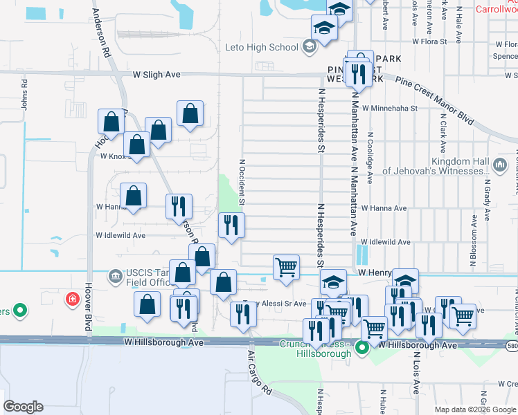 map of restaurants, bars, coffee shops, grocery stores, and more near 4544 West Hanna Avenue in Tampa