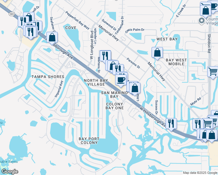 map of restaurants, bars, coffee shops, grocery stores, and more near 10494 Saint Tropez Place in Tampa