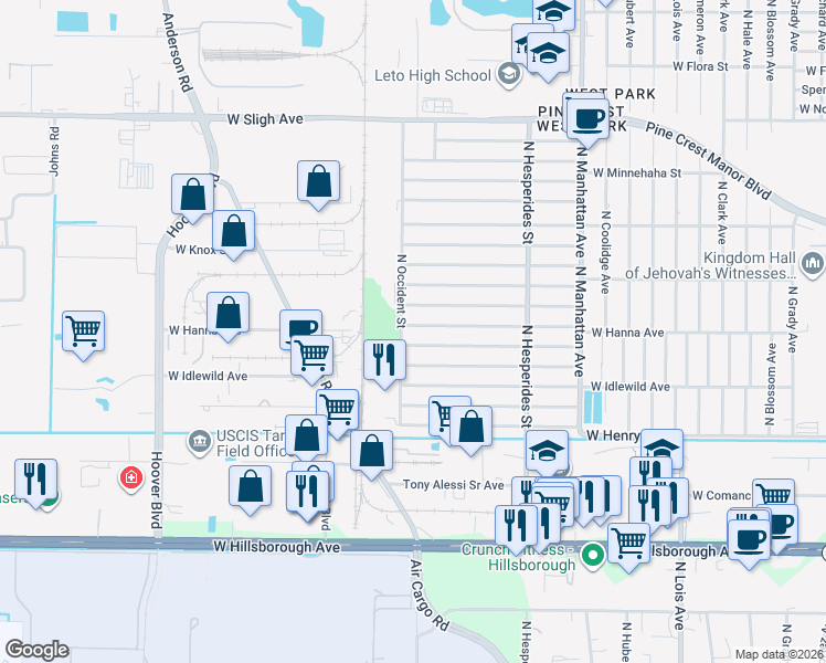map of restaurants, bars, coffee shops, grocery stores, and more near 4544 West Hanna Avenue in Tampa