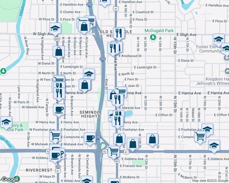 map of restaurants, bars, coffee shops, grocery stores, and more near 806 East Hanna Avenue in Tampa