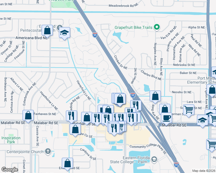 map of restaurants, bars, coffee shops, grocery stores, and more near 241 Blossom Lane in Palm Bay