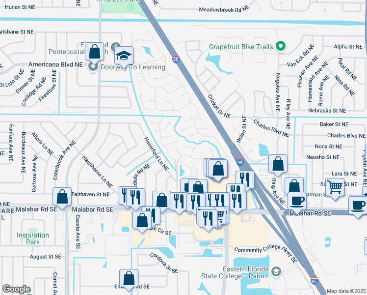 map of restaurants, bars, coffee shops, grocery stores, and more near 1120 Floral Court Northeast in Palm Bay