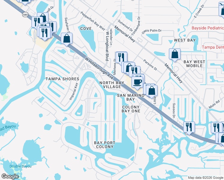 map of restaurants, bars, coffee shops, grocery stores, and more near 6315 Newtown Circle in Tampa